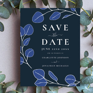Save The Date Mariage Moderne Élégant Minimaliste Feuille Bleue