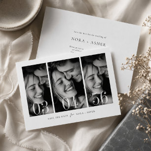 Save The Date Mariage Moderne en Noir et Blanc avec 3 Photos