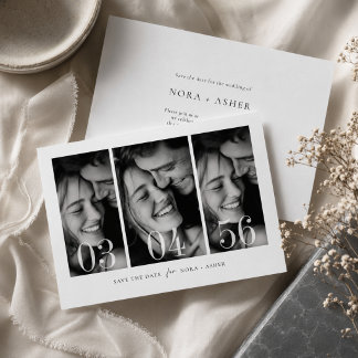 Save The Date Mariage Moderne en Noir et Blanc avec 3 Photos