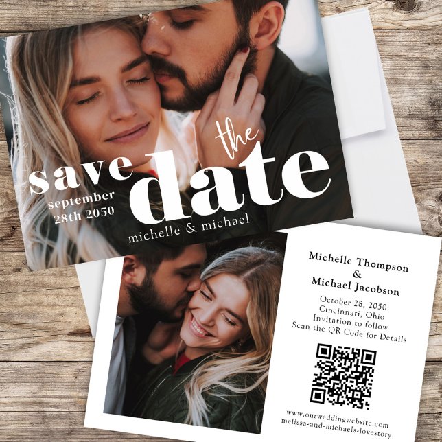 Save The Date Mariage moderne Enregistrer la date Photo Code QR (Two Photo Wedding Save the Date Photo Card )