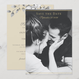 Save The Date Mariage moderne Floral Wreath Black White Gold