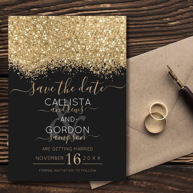 Save The Date Mariage Moderne Luxueux Paillettes Noires et Or Co (Créateur téléchargé)