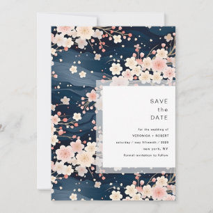 Save The Date Mariage Moderne Navy Fleur de Cerisier