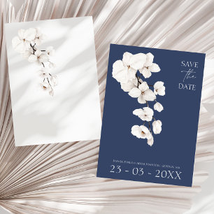 Save The Date Mariage Moderne Orchidée Blanche Bleu Nuit