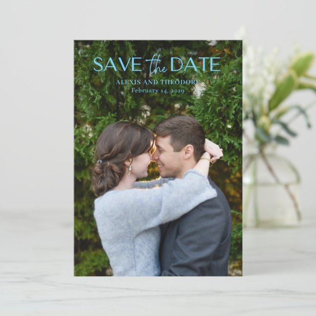 Save The Date Mariage moderne photo bleu chic (Debout devant)
