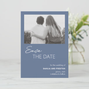 Save The Date Mariage Moderne Photo Bleu Poussiéreux Minimal
