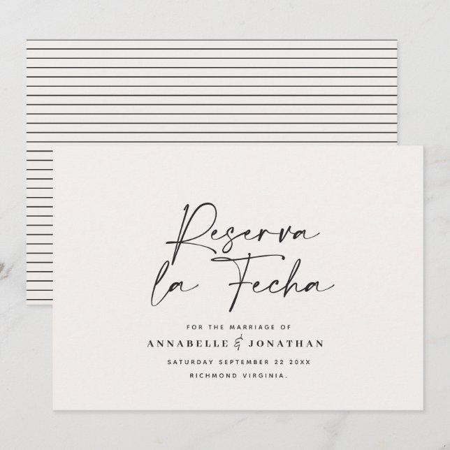 Save The Date Mariage moderne Reserva la Fecha crème noir Enregi (Devant / Derrière)