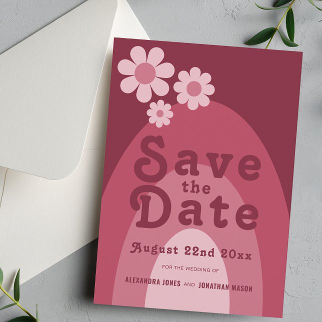 Save The Date Mariage Moderne Rétro Années 70 Rose Bourgeois (Retro daisy arch burgundy blush pink wedding save the date invitation)