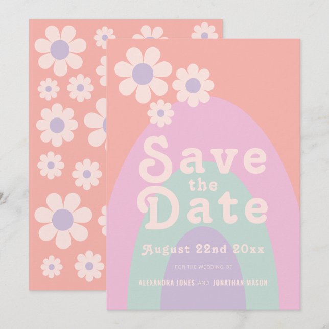 Save The Date Mariage Moderne Rétro Pastel des Années 70 (Devant / Derrière)