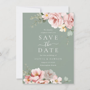 Save The Date Mariage Moderne Vert Sauge et Rose