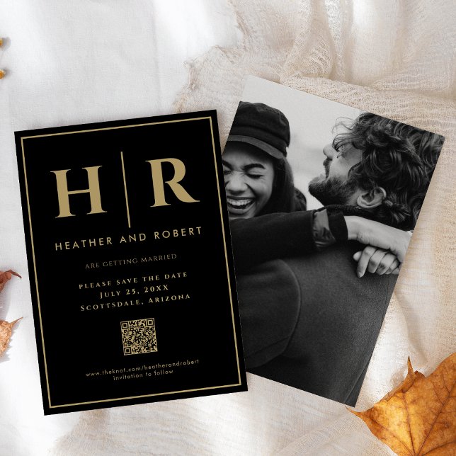 Save The Date Mariage Monogram Black Gold Simple Modern QR Code (Créateur téléchargé)