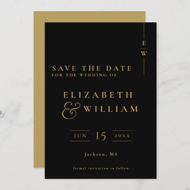 Save The Date Mariage Monogramme Élégant Noir Et Or (Devant / Derrière)