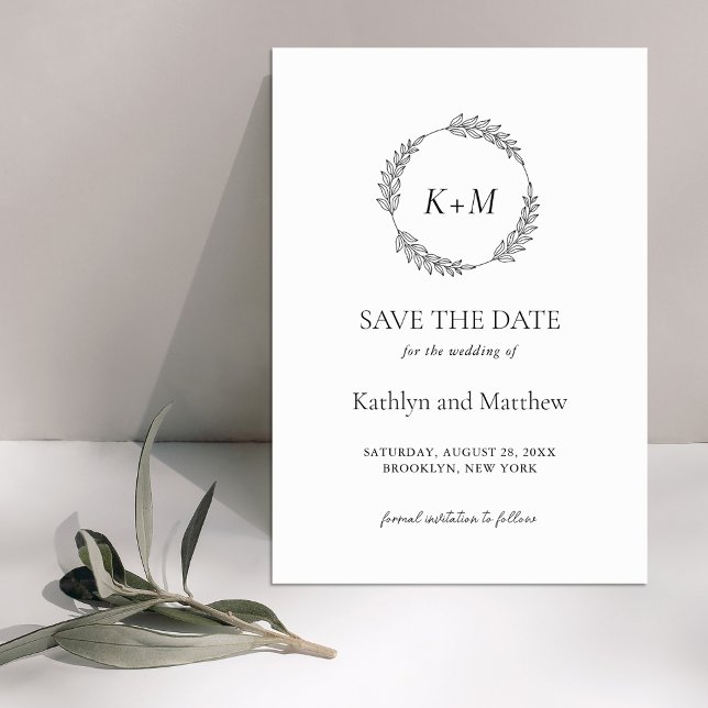 Save The Date Mariage Monogramme moderne à feuilles noires blanc (Créateur téléchargé)