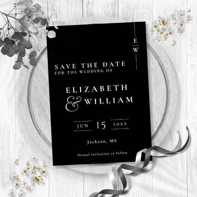 Save The Date Mariage Monogramme moderne noir et blanc (Black And White Modern Elegant Monogram Wedding Save The Date)