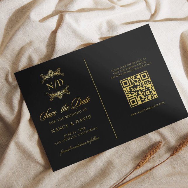 Save The Date Mariage Monogramme QR Code Noir Et Or (Créateur téléchargé)