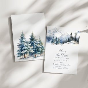 Save The Date Mariage Montagne enneigée Pins Aquarelle Rustique