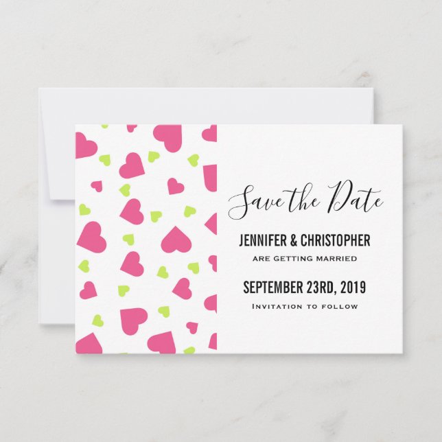 Save The Date Mariage Motif de Coeurs Rose et Vert mignon (Devant)