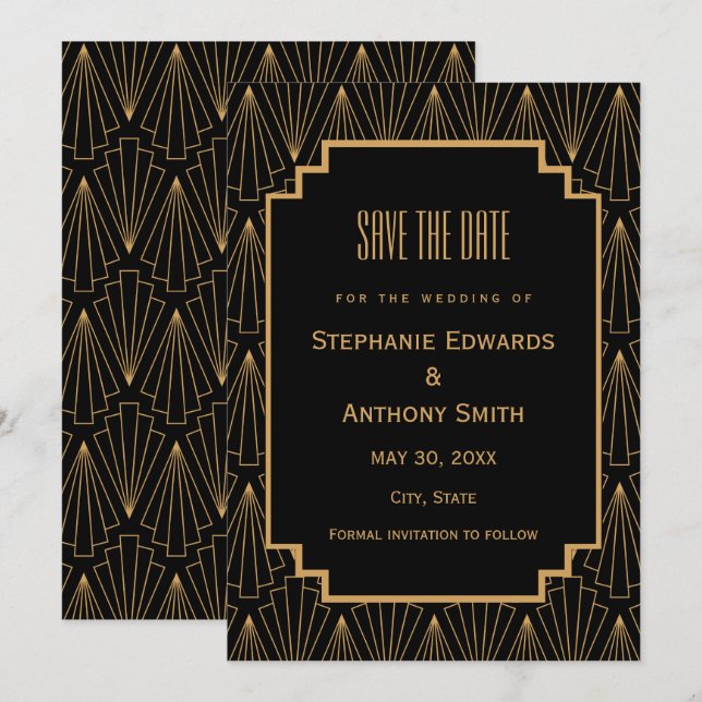 Save The Date Mariage Motif Gold et Black Art Déco (Devant / Derrière)