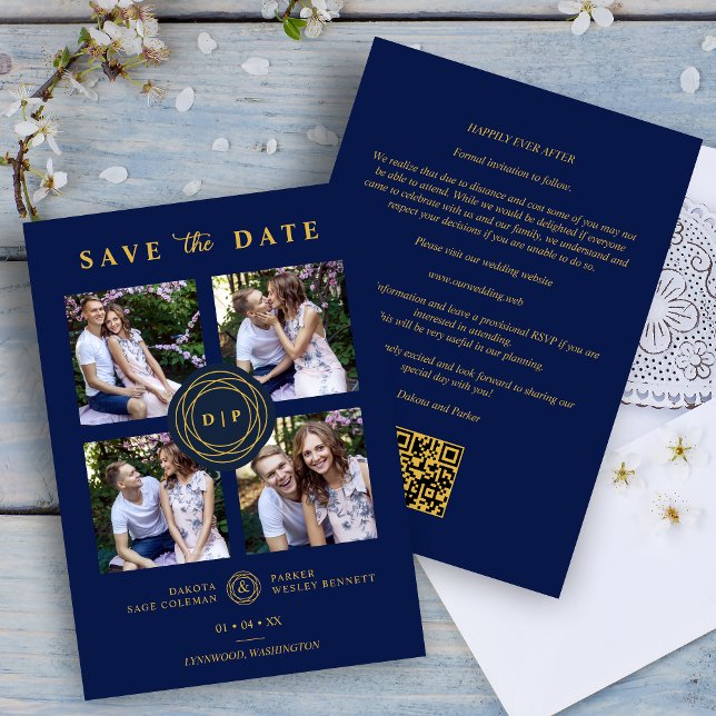 Save The Date Mariage multiphoto Ultra-tendance Navy & Gold 4 (Ultra Trendy Navy Blue & Fake Gold 4 Multi Photos Collage Wedding Script Downloadable Save the Date.)