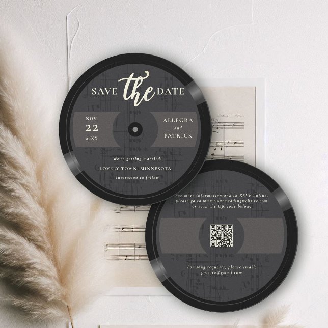 Save The Date Mariage musicien Enregistrer la date Vinyl QR Code (music wedding save the date musician vintage vinyl record partition notes guitar QR black)