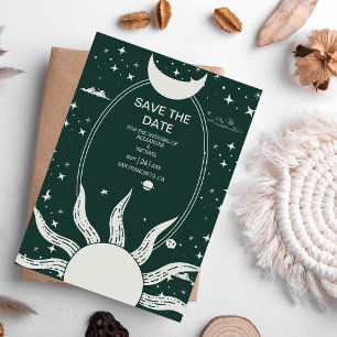 Save The Date Mariage mystique argent et vert Soleil Lune
