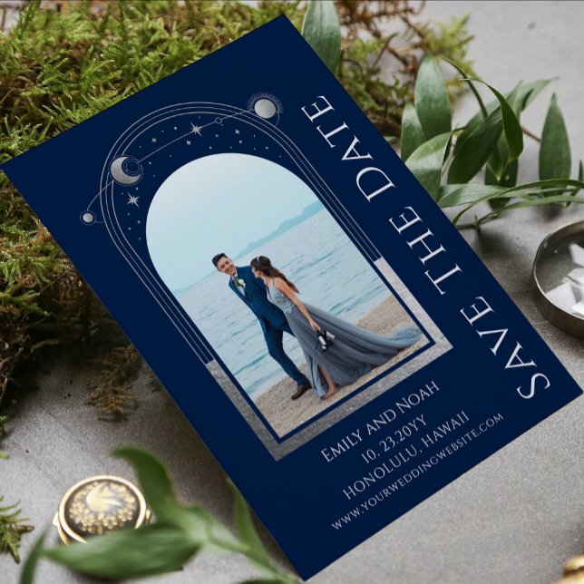 Save The Date Mariage mystique Bleu Argent Sun Moon Stars (Créateur téléchargé)