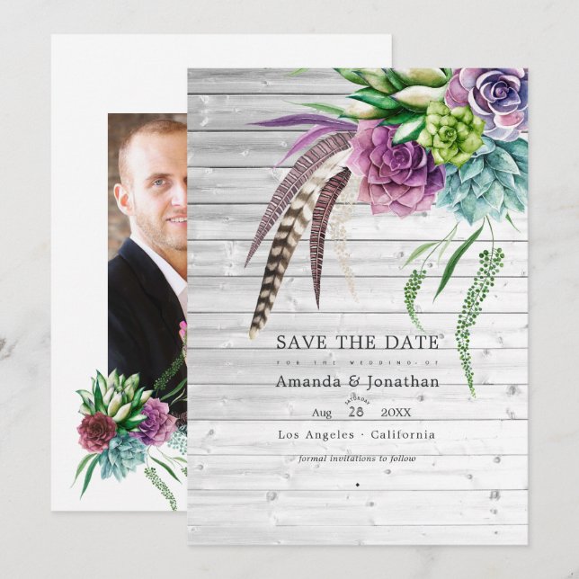 Save The Date Mariage mystique boho succulent rustique plantes (Devant / Derrière)