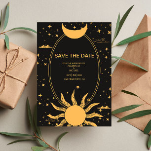 Save The Date Mariage mystique noir et or Soleil Lune