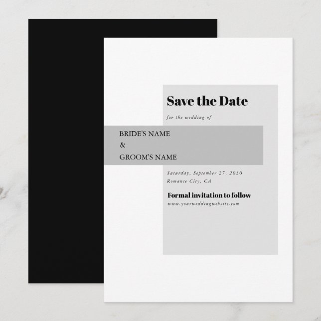 Save The Date Mariage noir et blanc moderne (Devant / Derrière)