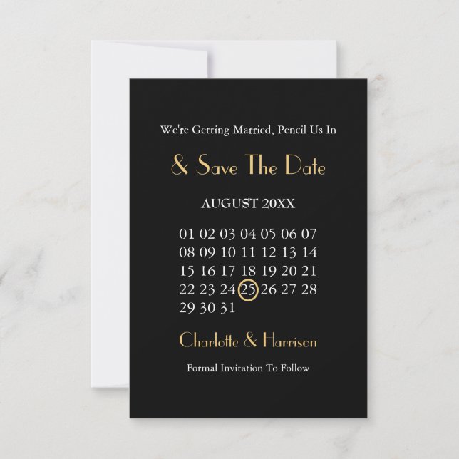 Save The Date Mariage noir et or de classe Art Déco (Devant)