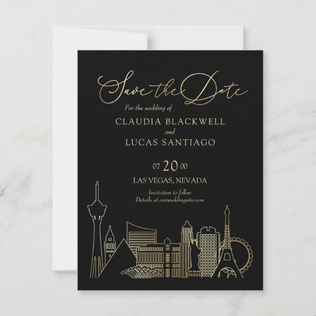 Save The Date Mariage noir et or Las Vegas (Devant)