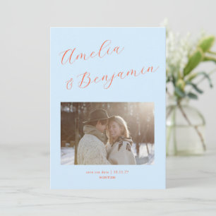 Save The Date Mariage Noms de Couple Écriture Gras Bleu Clair Or
