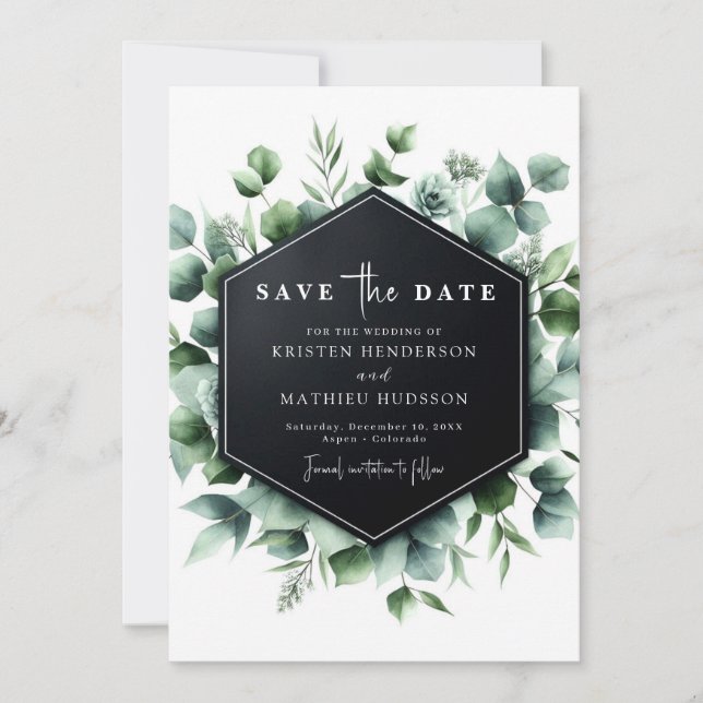 Save The Date Mariage numérique Eucalyptus Russe moderne (Devant)