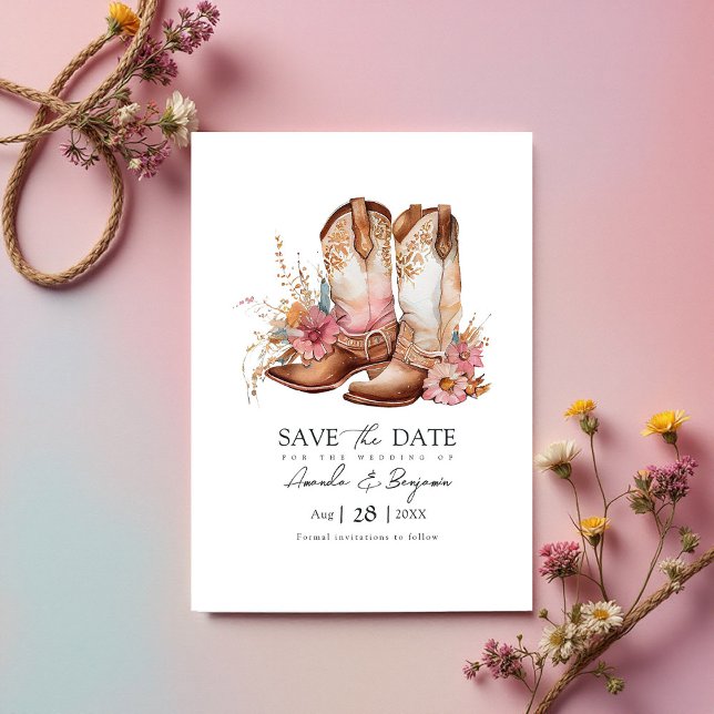 Save The Date Mariage Occidental Chic Bohème Rustique Cowboy Cod (Rustic Boho Chic Western Wedding Cowboy QR Code Save The Date)