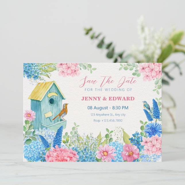 Save The Date Mariage oiseau fleurs rose bleu (Debout devant)