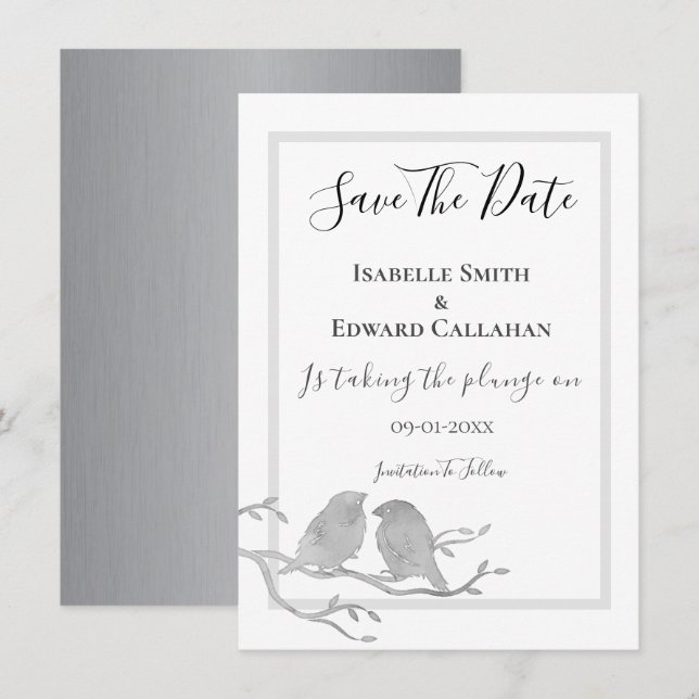Save The Date Mariage Oiseaux Aquarelle Grise Romantique Sur Bra (Devant / Derrière)