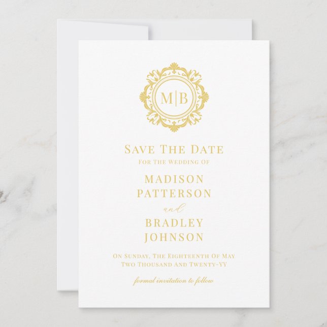 Save The Date Mariage or de monogramme floral orné (Devant)