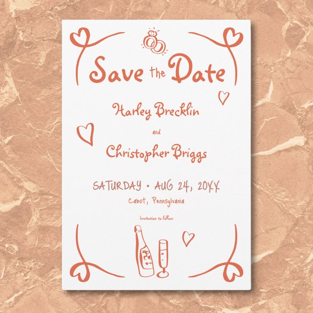 Save The Date Mariage orangé de Sunset Retro Whimsical (Whimsical Retro Hand Drawn Sunset Orange Wedding Save The Date)
