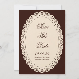 Save The Date Mariage ovale en dentelle crème marron foncé vinta