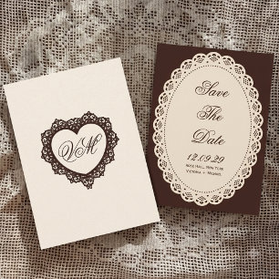 Save The Date Mariage ovale en dentelle crème marron foncé vinta