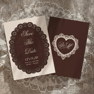 Save The Date Mariage ovale en dentelle marron foncé vintage