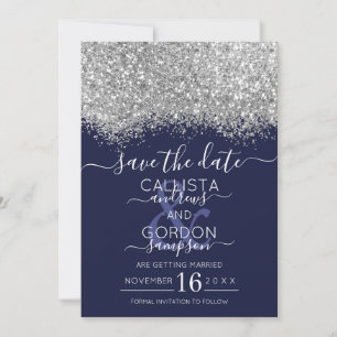 Save The Date Mariage Paillettes Confettis Argent Navy Luxe