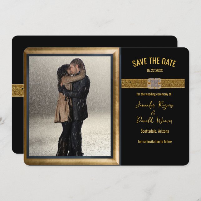 Save The Date Mariage paillettes noir et or élégant  (Devant / Derrière)