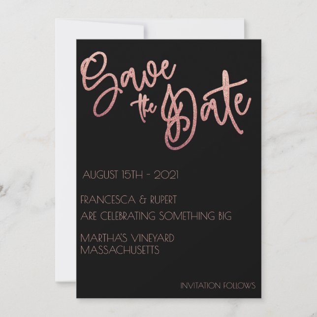 Save The Date Mariage Paillettes Noir et Or Rose Art Déco  (Devant)