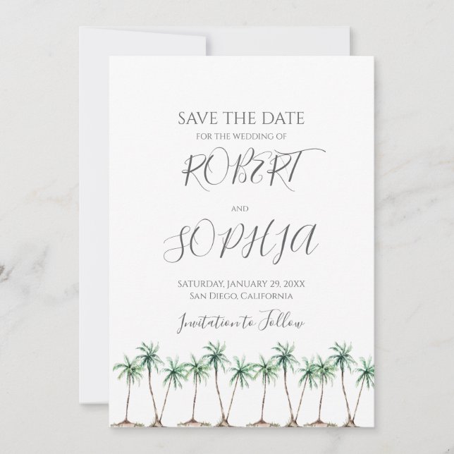 Save The Date Mariage Palmier Aquarelle Moderne (Devant)