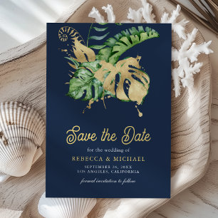 Save The Date Mariage Palmier Tropical Monstera Photo Bleu Nuit