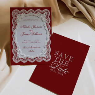 Save The Date Mariage papier blanc dentelle de Bourgogne Argent