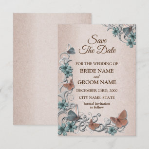 Save The Date Mariage Papillon Cuivre Floral Argent Sarcelle Bru