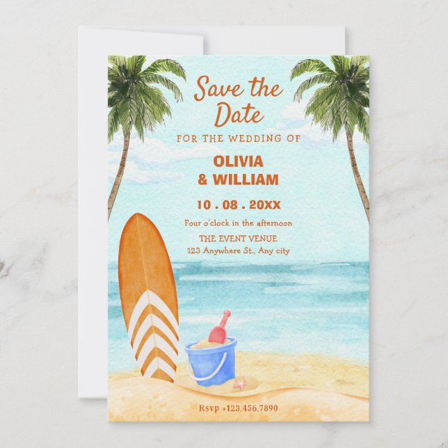 Save The Date Mariage paradis de plage à l'aquarelle (Devant)