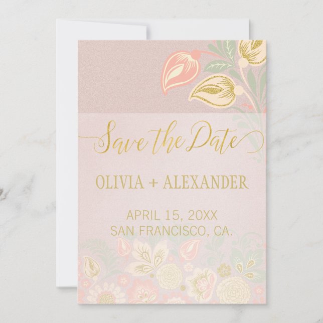 Save The Date Mariage Pastel Peach Or Floral Printemps Rose Fard (Devant)